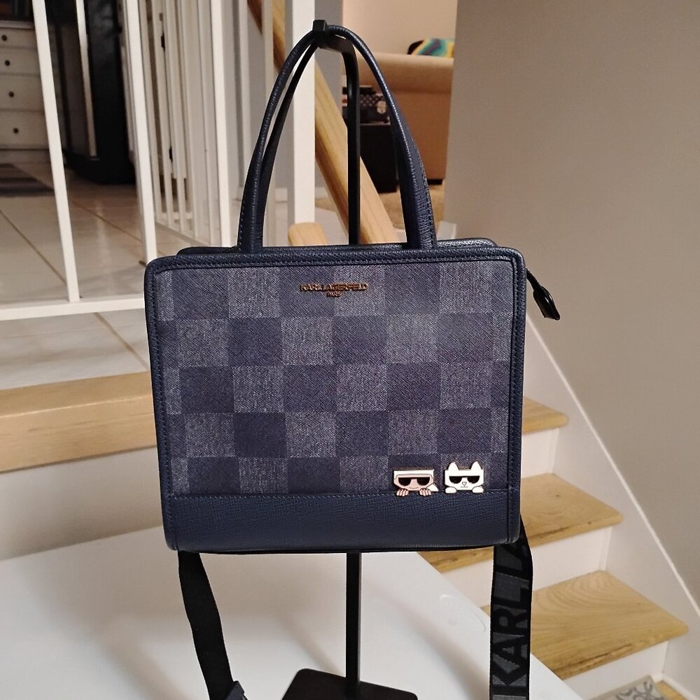 Karl Lagerfeld MAYBELLE Karl & Cat Check Crossbody Zip Satchel Purse Bag